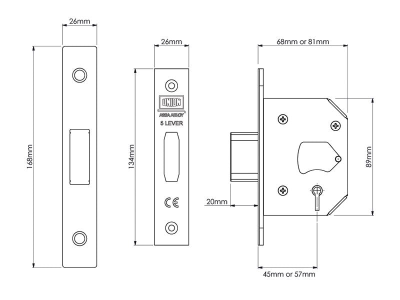 Union StrongBOLT 2105S Polished Brass 5 Lever Mortice Deadlock Visi 68mm 2.5in UNION - Dynamic Drive