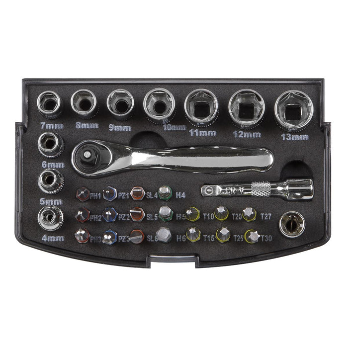 Siegen 30pc 1/4" Square Drive Ratchet Socket & Bit Set Pozi Slotted Hex Trx Siegen  - Dynamic Drive