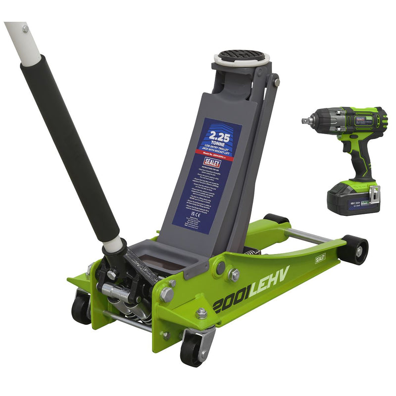 Sealey 2.2 Tonne Trolley Jack & 18V Cordless Impact Wrench - Green 2001LEHVCOMBO Sealey - Dynamic Drive