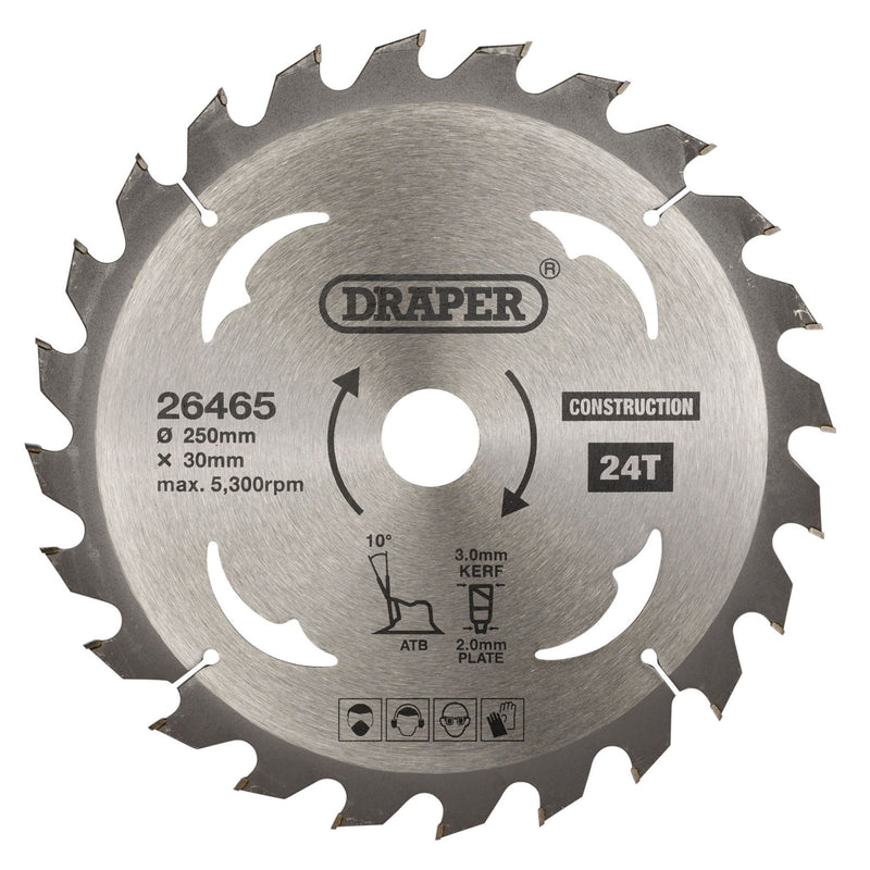 Draper TCT Construction Circular Saw Blade, 250 x 30mm, 24T 26465 Draper - Dynamic Drive