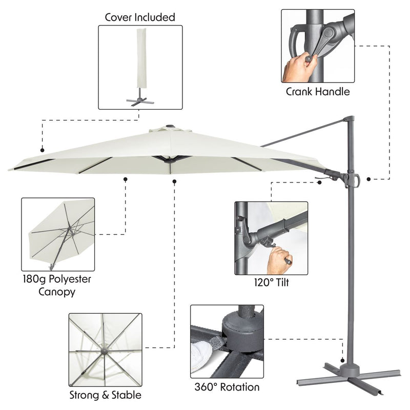 Dellonda Cantilever Parasol with 360 Rotation, Tilt & Cover 3m - Cream Dellonda - Dynamic Drive