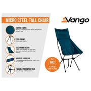 Vango Micro Steel Collapsible TALL Camping Chair with Storage Bag - Mykonos Blue Vango - Dynamic Drive