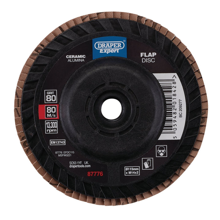 Draper Expert Ceramic Flap Disc, 115mm, M14, 80 Grit 87776 Draper - Dynamic Drive