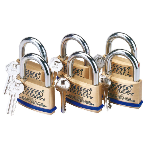 Draper Solid Brass Padlocks with Hardened Steel Shackle, 60mm (Pack of 6) 67663 Draper - Dynamic Drive