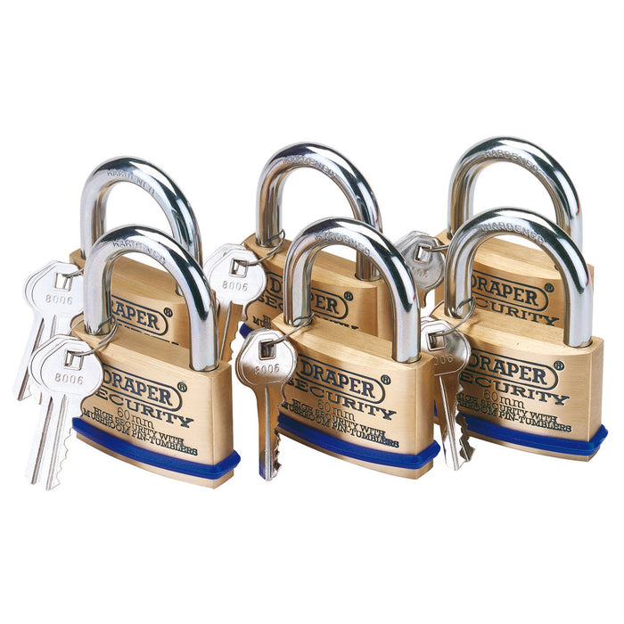 Draper Solid Brass Padlocks with Hardened Steel Shackle, 60mm (Pack of 6) 67663 Draper - Dynamic Drive