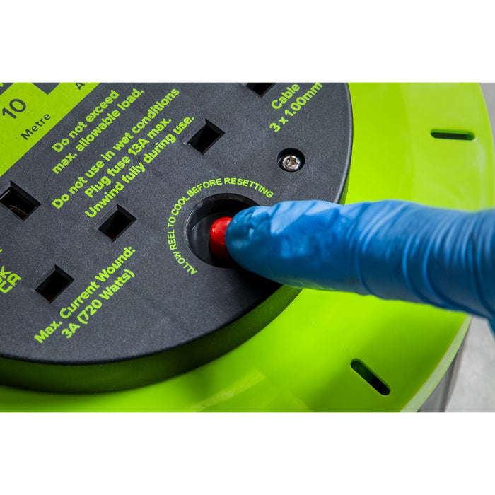 10m Cassette Type Cable Reel with Thermal Trip 2 x 230V & 2 x USB - Hi-Vis Green Sealey - Dynamic Drive