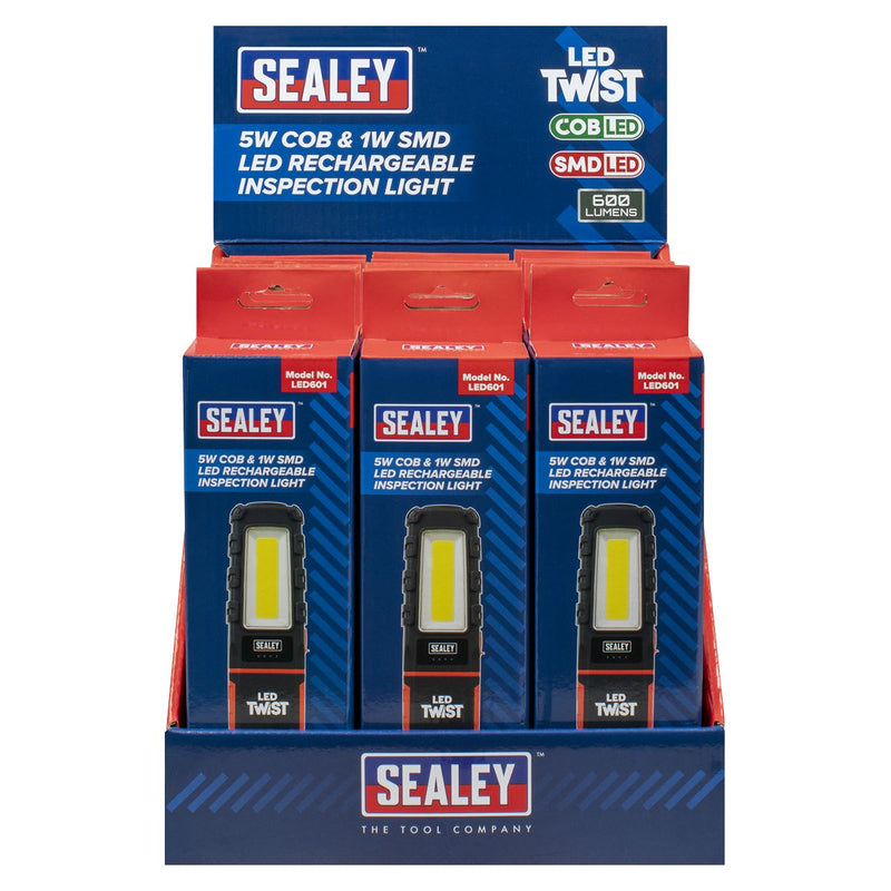 LED Twist Rechargeable Inspection Light 5W COB & 1W SMD - Display Box of 12 Sealey - Dynamic Drive