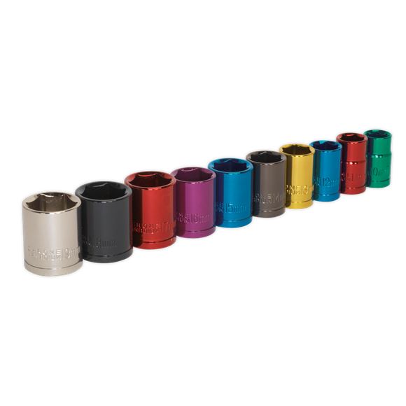Sealey Premier 10pc 3/8" Drive Multi Coloured Hex Socket Set 10-19mm WallDrive Sealey  - Dynamic Drive