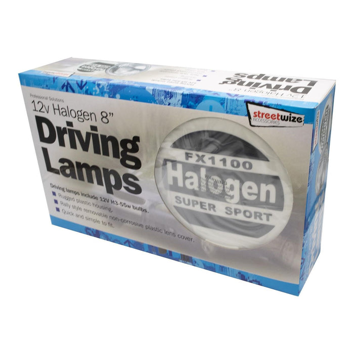 12v 4x4 SW 8" Rally Sport Giant Round Driving Halogen Spot Lamps Lights + Covers Streetwize  - Dynamic Drive