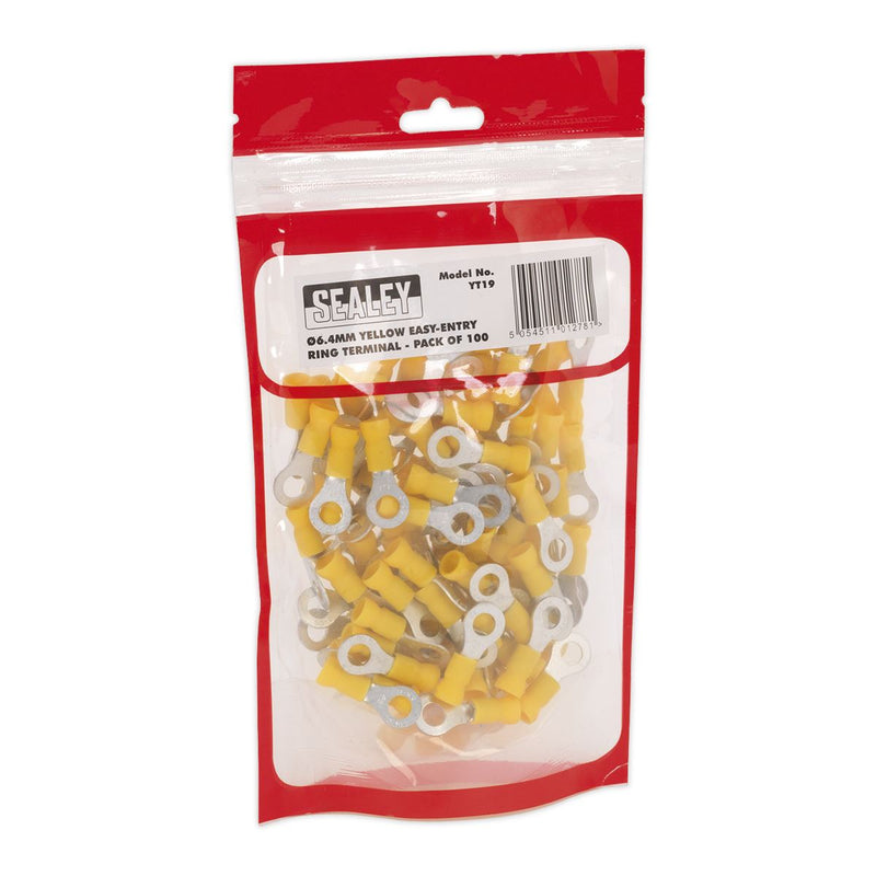 Sealey Easy-Entry Ring Termina l6.4mm (1/4") Yellow Pack of 100 YT19 Sealey - Dynamic Drive