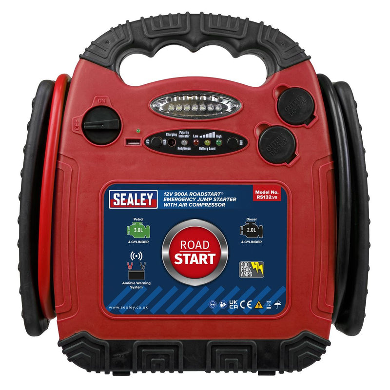 Sealey RoadStart Emergency Jump Start + Compressor 12V 750 Peak Amp RS132 Sealey  - Dynamic Drive