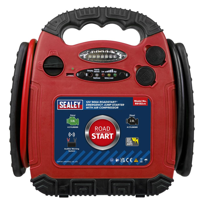 Sealey RoadStart Emergency Jump Start + Compressor 12V 750 Peak Amp RS132 Sealey  - Dynamic Drive