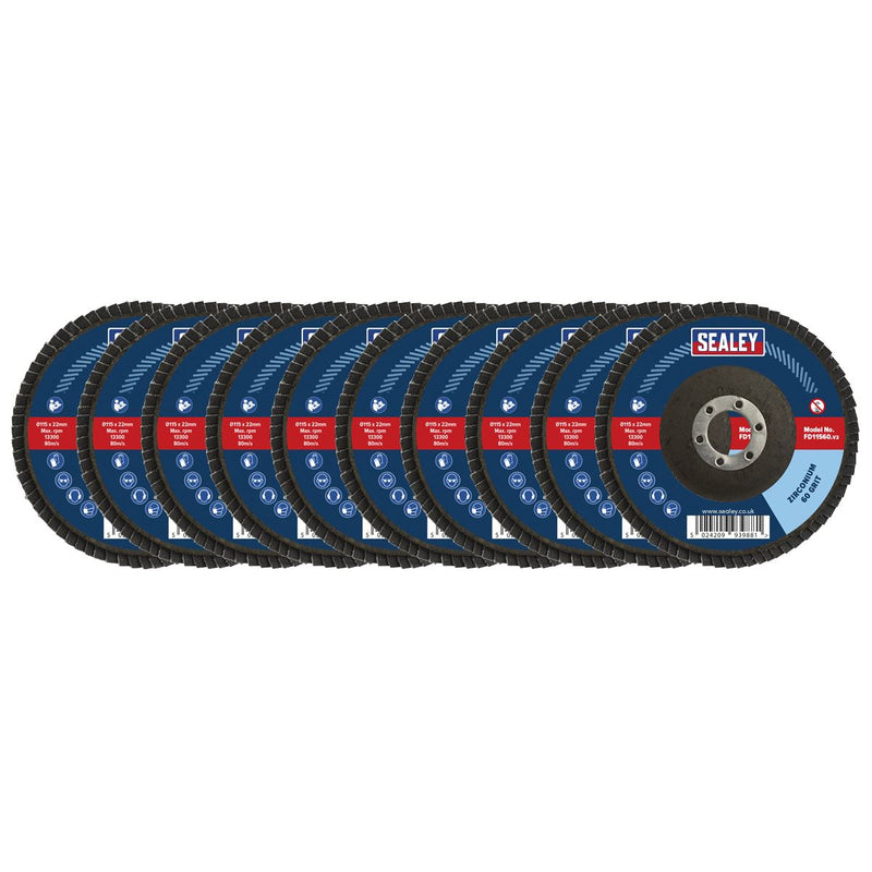 Sealey Assorted Grit Flap Discs Zirconium115mm22mm Bore Pack of 10 Sealey - Dynamic Drive