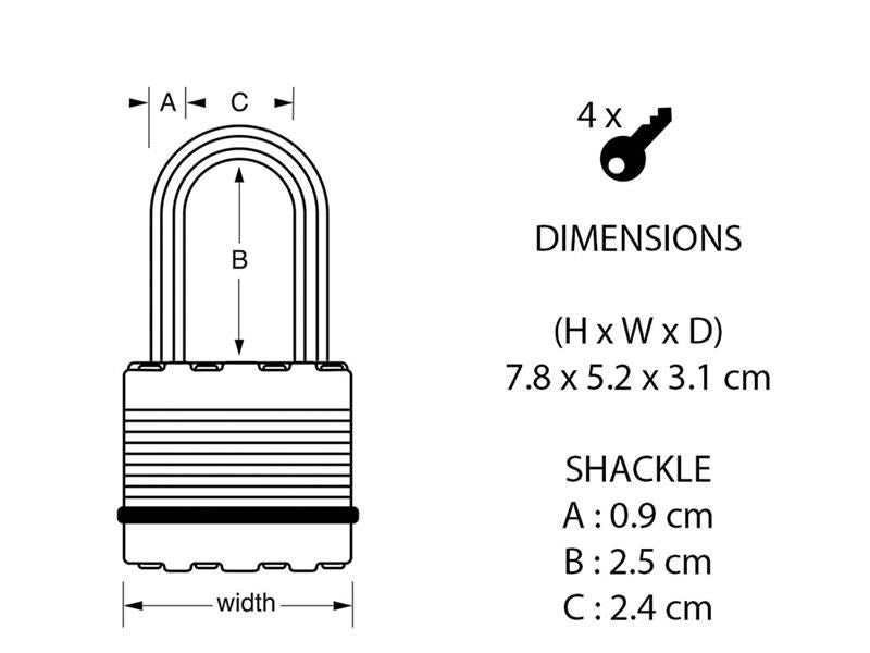 Master Lock Excell™ Laminated Steel 50mm Padlock 4-Pin - 25mm Shackle Master Lock - Dynamic Drive
