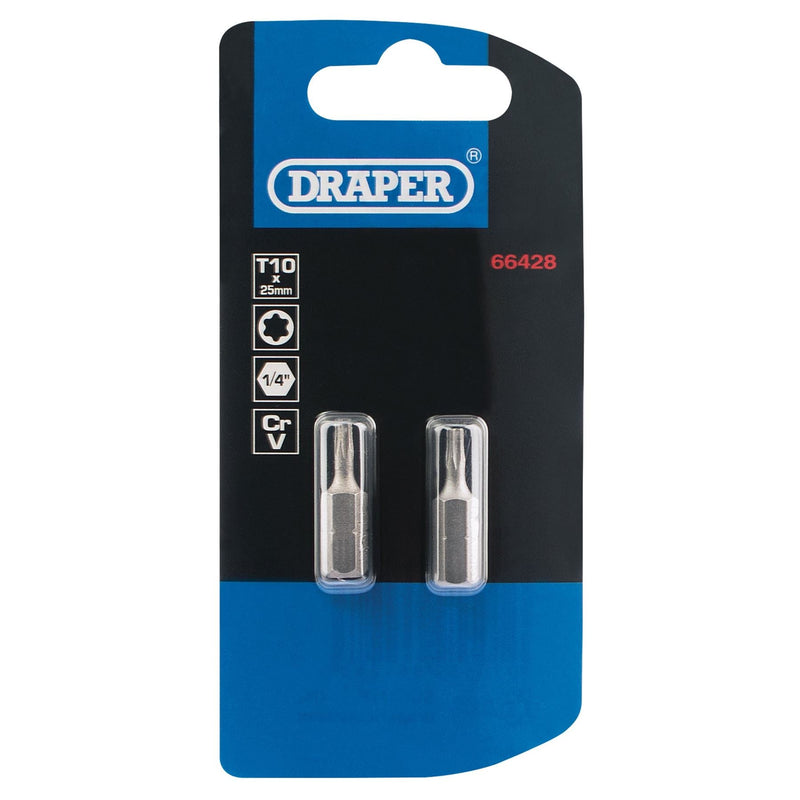 Draper TX-STAR Insert Bit, 1/4" Hex, 25mm Long, T10 (Pack of 2) Draper - Dynamic Drive