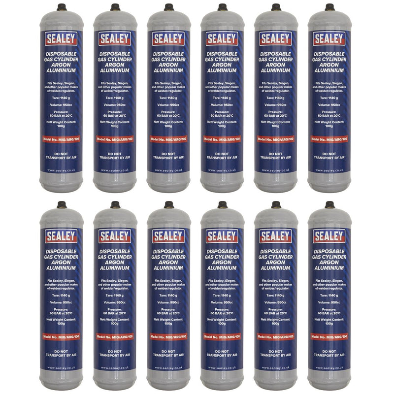 Sealey Disposable Argon Gas Cylinder 100g - Box of 12 MIG/ARG/100/12 Sealey - Dynamic Drive