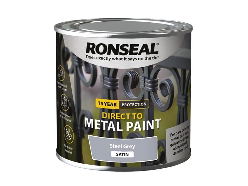 Ronseal Direct to Metal Paint Steel Grey Satin 250ml Ronseal - Dynamic Drive