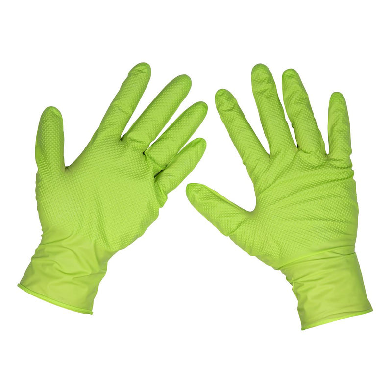 Diamond Grip Extra-Thick Nitrile Powder-Free Gloves Hi-Vis Green XL Pack of 50 Sealey - Dynamic Drive