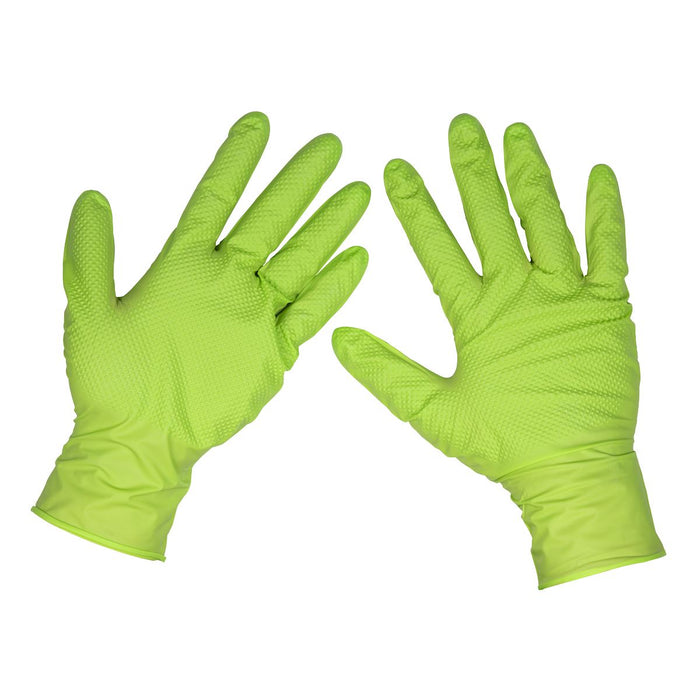 Diamond Grip Extra-Thick Nitrile Powder-Free Gloves Hi-Vis Green XL Pack of 50 Sealey - Dynamic Drive