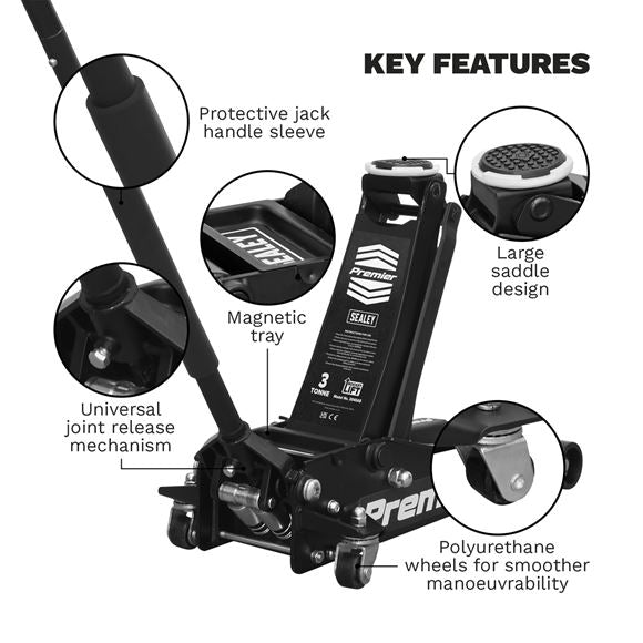Sealey Trolley Jack 3tonne Rocket Lift Black 3040AB Sealey  - Dynamic Drive