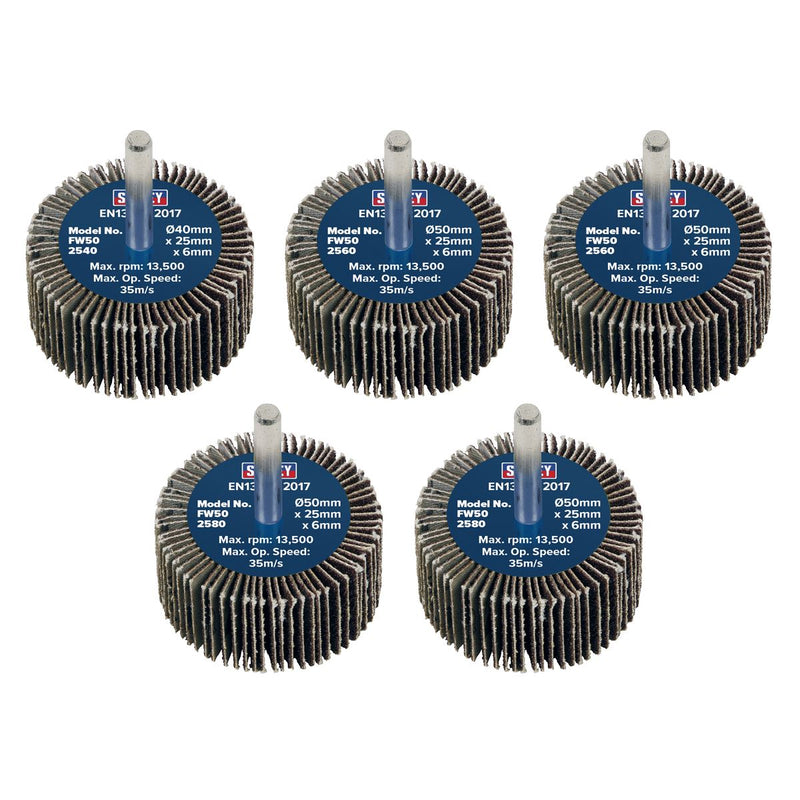 Sealey 50 x 25mm Abrasive Flap Wheel on 6mm Shaft Assorted Grit - Pack of 5 Sealey - Dynamic Drive