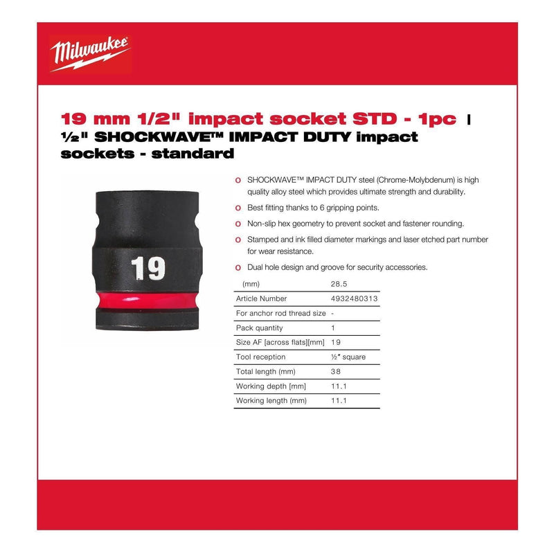 Milwaukee Hex Socket Shw 1/2 Skt Short 19mm 4932480313 Milwaukee - Dynamic Drive