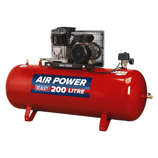 Sealey Air Compressor 200L Belt Drive 3hp with Cast Cylinders SAC1203B Sealey - Dynamic Drive