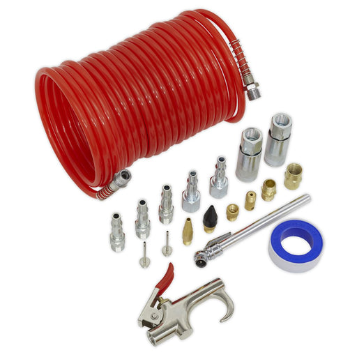 Sealey Air Blow Gun Kit 19pc 7m Coiled Air Hose Quick Couplers 1/4" BSP PCL Sealey  - Dynamic Drive