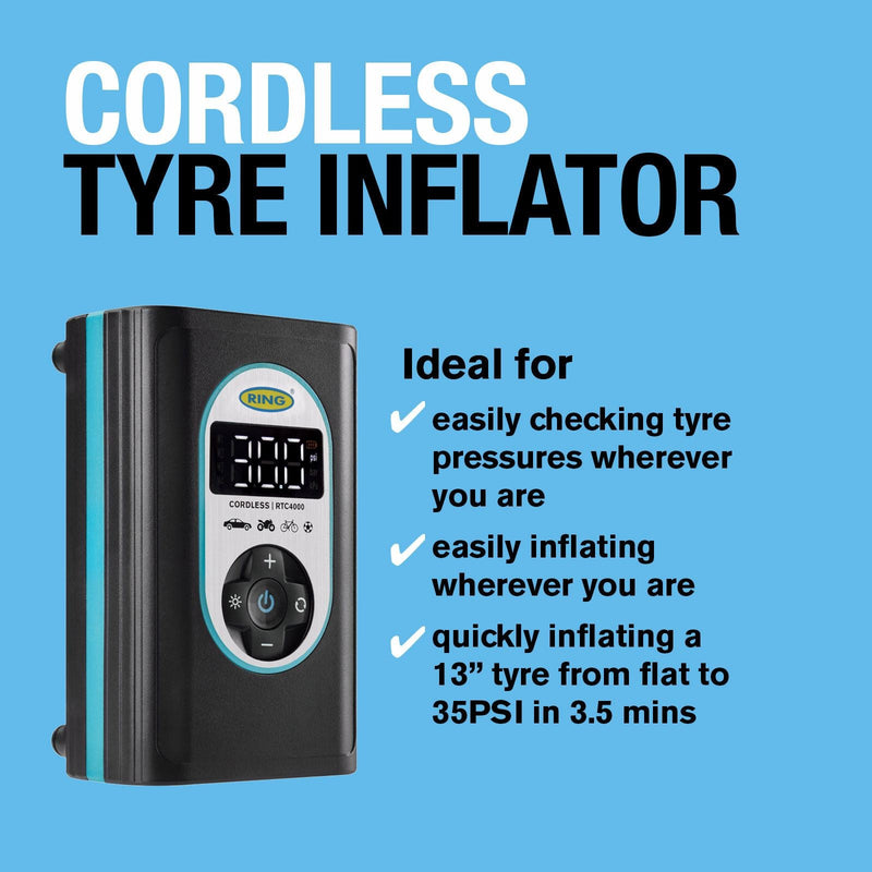 Ring Automotive RTC4000 cordless tyre inflator air compressor car pump. Recharge Ring Automotive - Dynamic Drive
