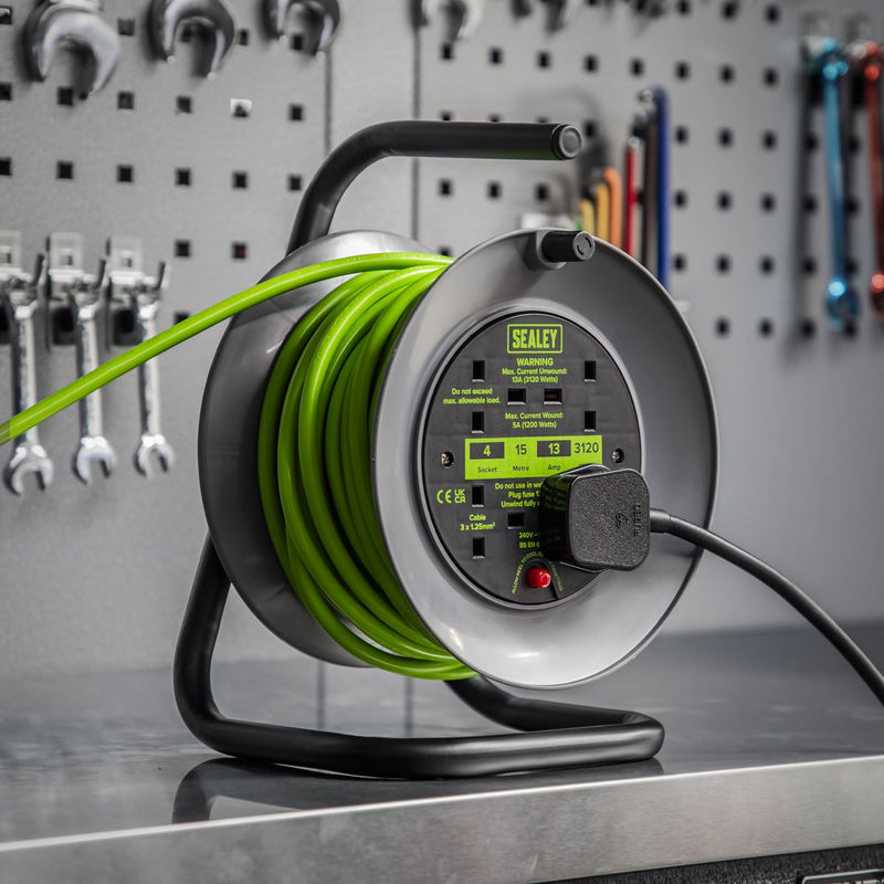 Sealey 15m Cable Reel with Thermal Trip 4 x 230V - Hi-Vis Green BCR153TG Sealey - Dynamic Drive