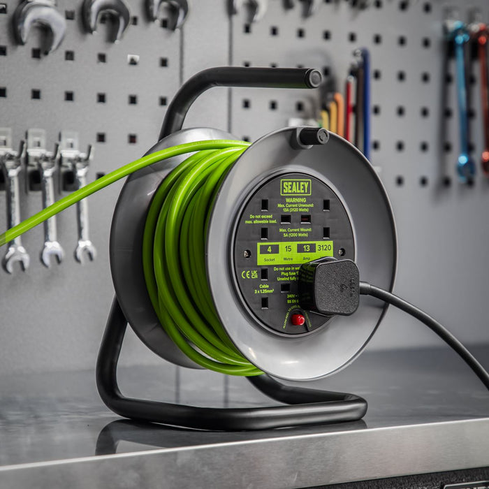 Sealey 15m Cable Reel with Thermal Trip 4 x 230V - Hi-Vis Green BCR153TG Sealey - Dynamic Drive