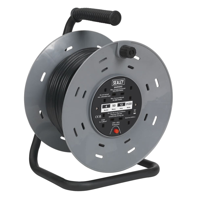 Sealey Cable Reel 50m 4 x 230V 1.25mmï Thermal Trip BCR50 Sealey - Dynamic Drive