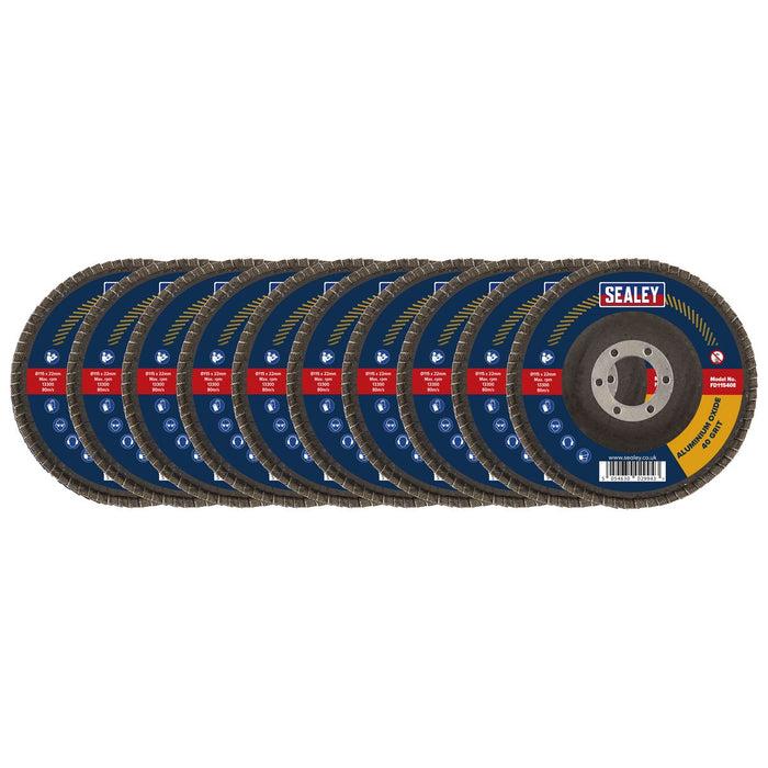 Sealey 115mm Aluminium Oxide Flap Discs 40Grit 22mm Bore - Pack of 10 FD11540E10 Sealey - Dynamic Drive