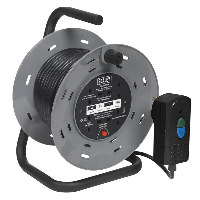 Sealey Cable Reel 25m 4 x 230V 1.25mmï Thermal Trip with RCD Plug BCR25RCD Sealey - Dynamic Drive