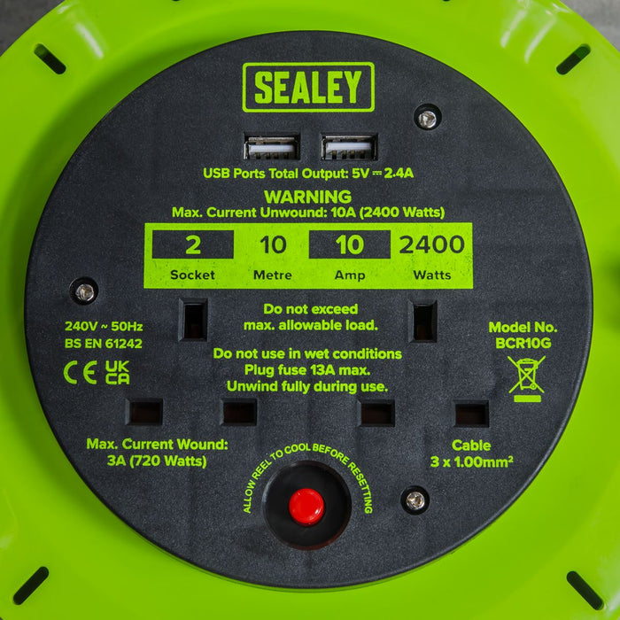 10m Cassette Type Cable Reel with Thermal Trip 2 x 230V & 2 x USB - Hi-Vis Green Sealey - Dynamic Drive