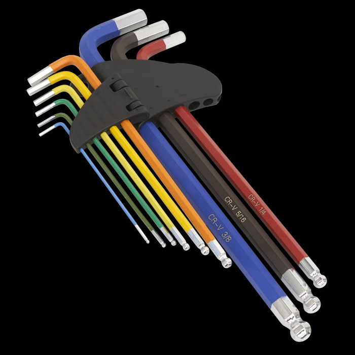 Sealey Ball-End Hex Key Set Extra-Long 9pc Colour-Coded Imperial AK7198 Sealey  - Dynamic Drive