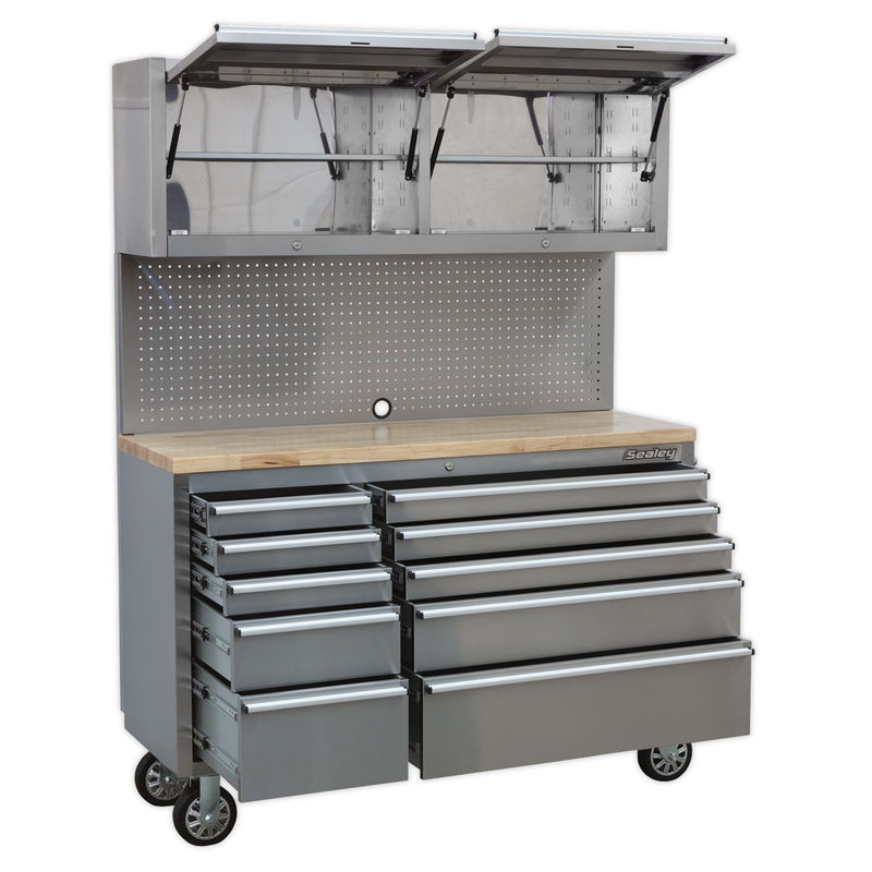 Sealey Mobile Stainless Steel Tool Cabinet 10 Drawer with Backboard & 2 Wall Cup Sealey - Dynamic Drive