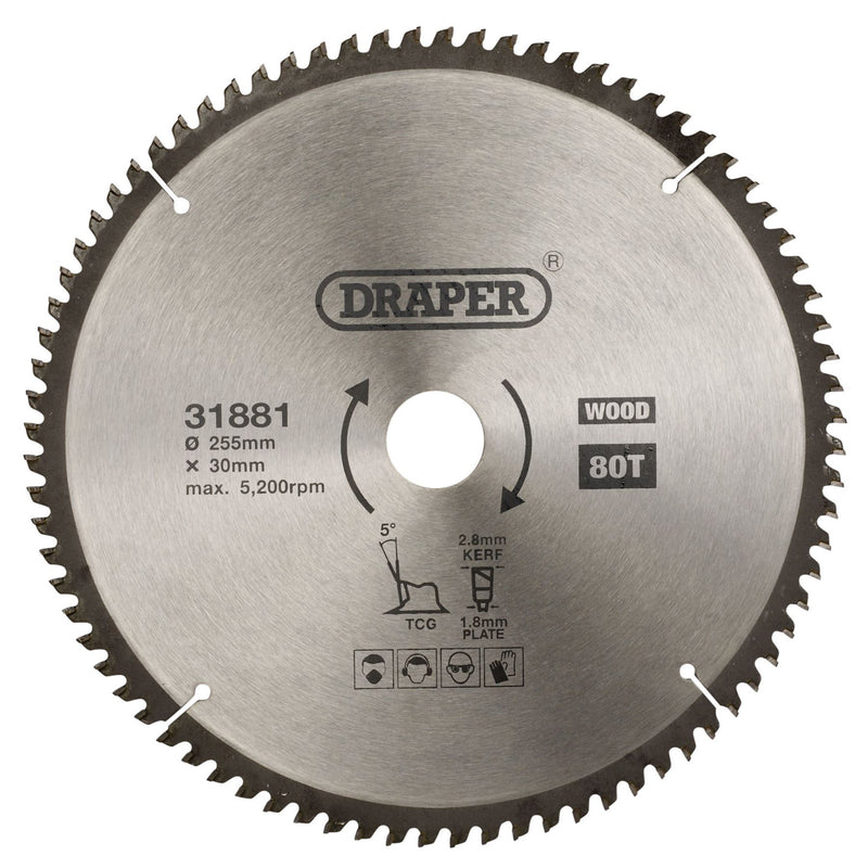 Draper TCT Triple Chip Grind Circular Saw Blade, 255 x 30mm, 80T 31881 Draper - Dynamic Drive