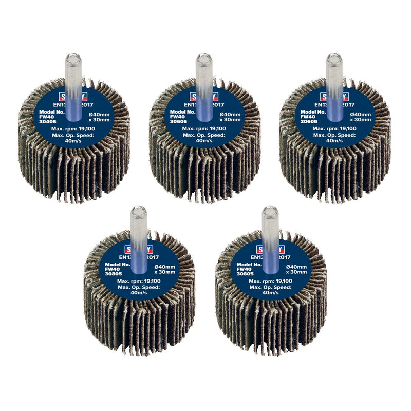 Sealey 40 x 30mm Abrasive Flap Wheel on 6mm Shaft Assorted Grit - Pack of 5 Sealey - Dynamic Drive