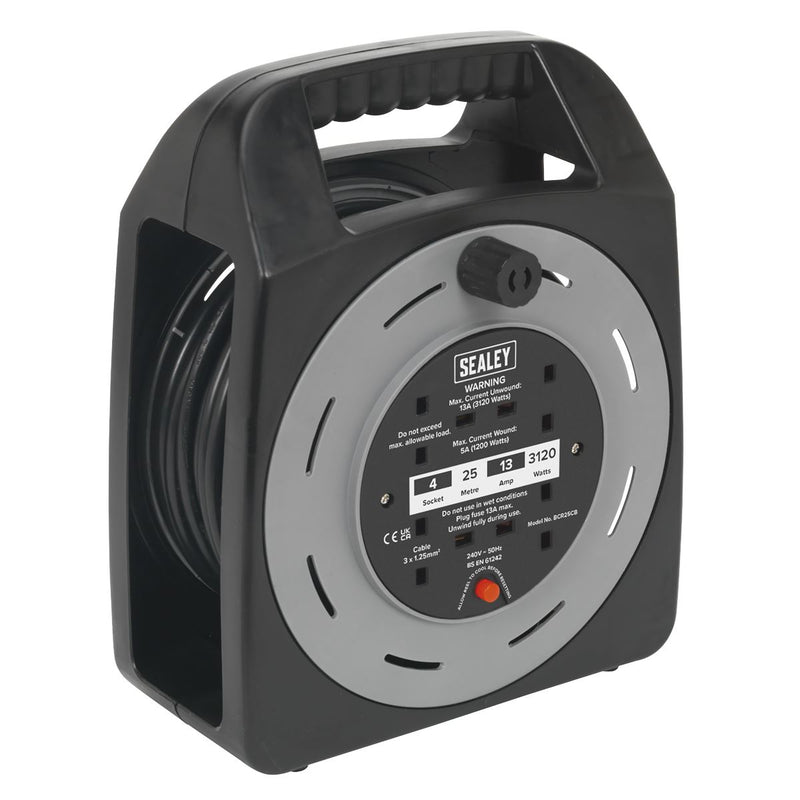 Sealey Cable Reel Box Type 25m 4 x 230V 1.25mmï Thermal Trip BCR25CB Sealey - Dynamic Drive
