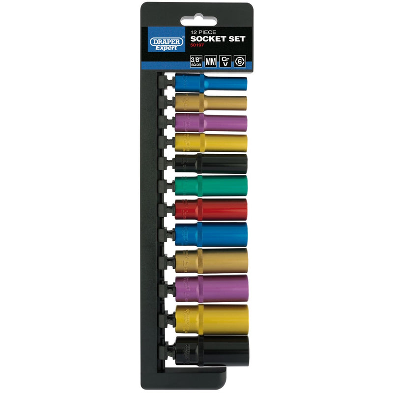 Draper Metric Coloured Deep Socket Set, 3/8" Sq. Dr. (12 Piece) 50197 Draper - Dynamic Drive