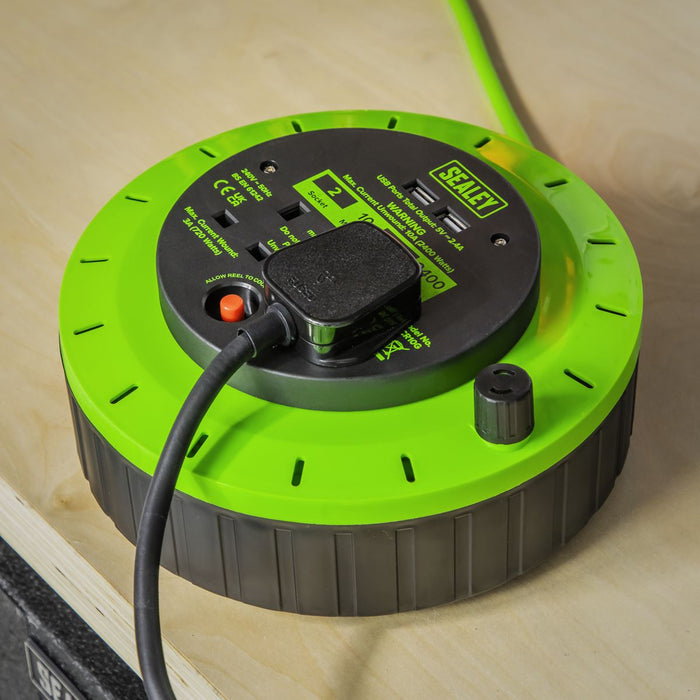 10m Cassette Type Cable Reel with Thermal Trip 2 x 230V & 2 x USB - Hi-Vis Green Sealey - Dynamic Drive