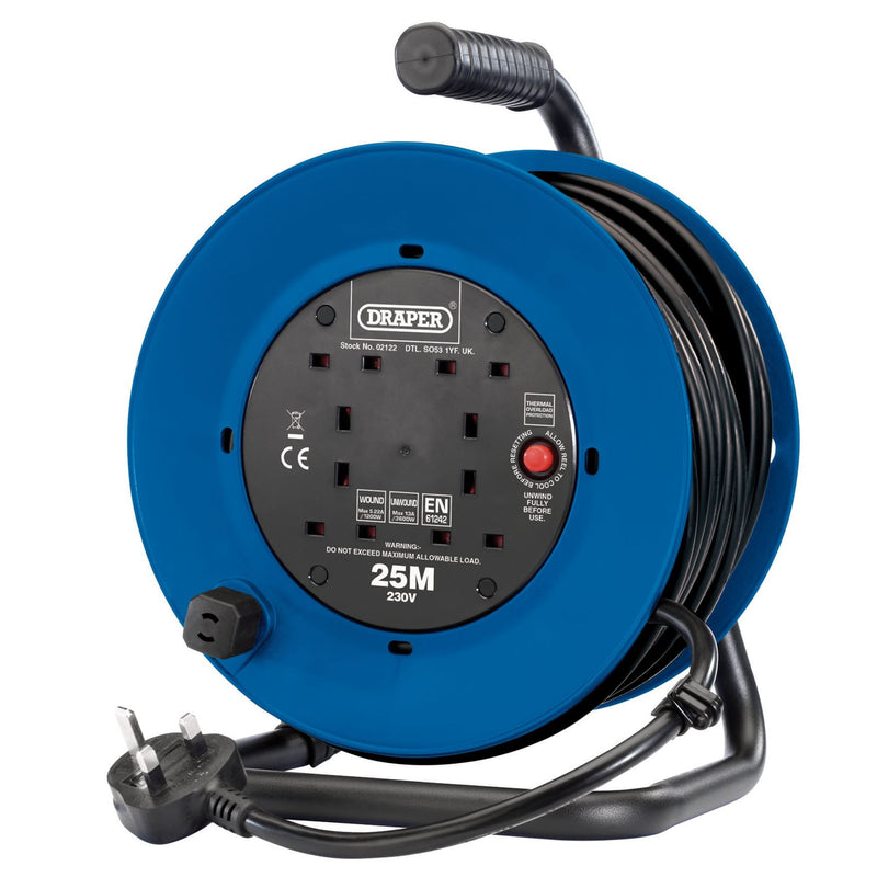 Draper 230V Heavy Duty Industrial Four Socket Cable Reel, 25m 02122 Draper - Dynamic Drive