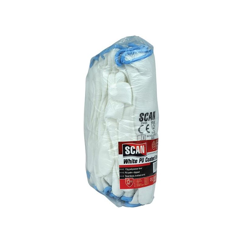 Scan White PU Coated Gloves - L (Size 9) (Pack 12) Scan - Dynamic Drive