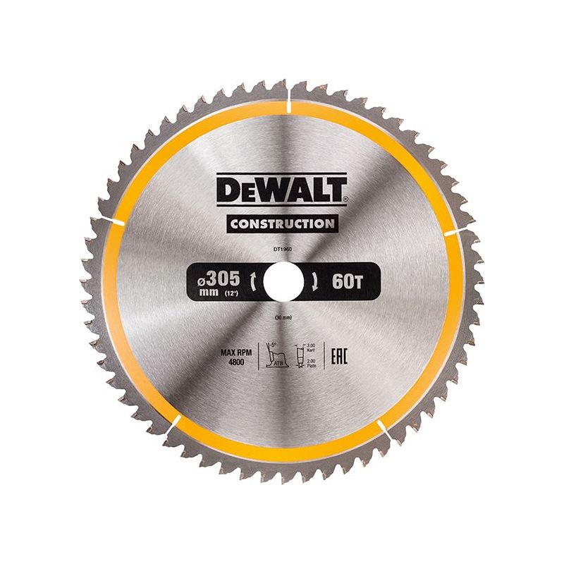 Dewalt Power Tools Stationary Construction Circular Saw Blade 305 x 30mm x 60T ATB/Neg DeWALT Power Tools - Dynamic Drive