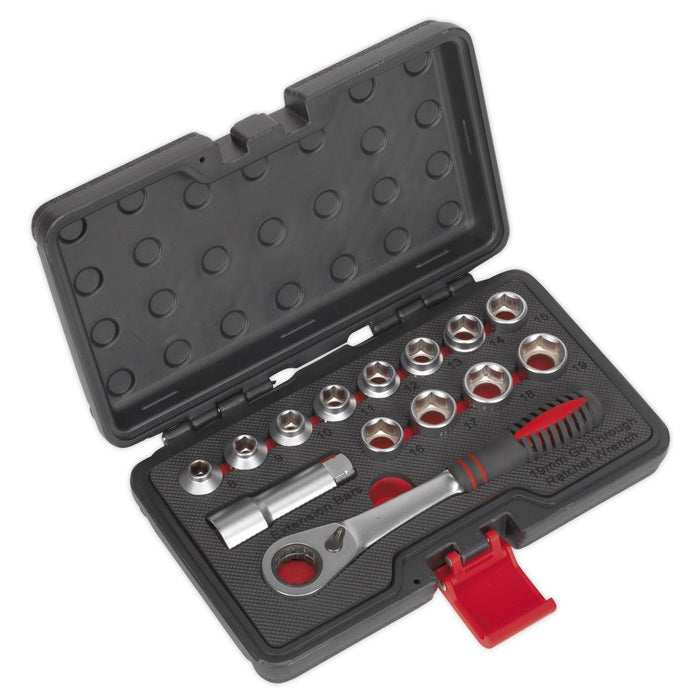 Sealey Premier 14pc Low Profile Go Through Socket Set 8-19mm 72 Tooth Ratchet Sealey  - Dynamic Drive