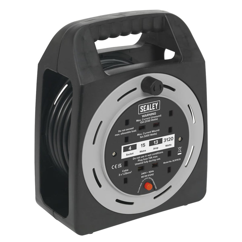 Sealey Cable Reel Box Type 15m 4 x 230V 1.25mmï Thermal Trip BCR15CB Sealey - Dynamic Drive