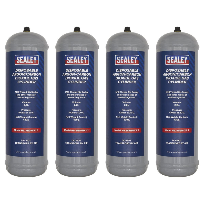 Sealey Disposable Argon/Carbon Dioxide Gas Cylinder 430g, 2.2L - Pack of 4 Sealey - Dynamic Drive