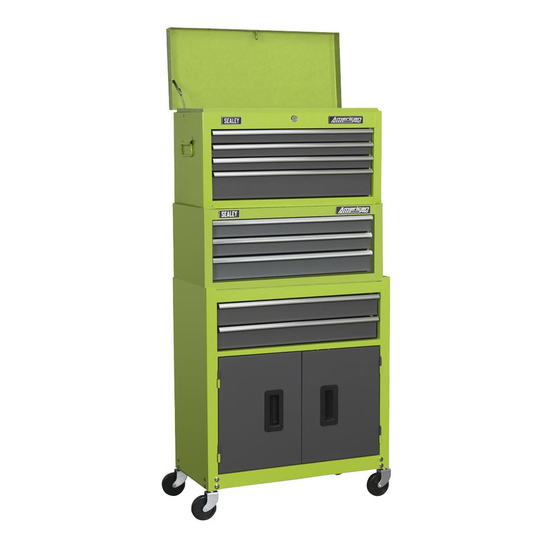 Sealey Topchest Mid-Box & Rollcab 9 Drawer Stack Hi-Vis Green AP2200BBHVSTACK Sealey - Dynamic Drive