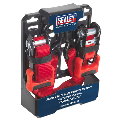 Sealey Slide Ratchet Tie Down 32mm x 3m Polyester Webbing with S-Hooks 1200kg Br Sealey - Dynamic Drive